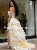 A Line Flower Ruffles Tulle Vintage Yellow Prom Dress With Slit