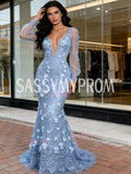 V Neck Trumpet Mermaid Flowers Blue Long Sleeve Prom Dress
