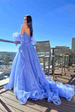 Blue Tulle A-line Princess Puff Sleeves Formal Dress