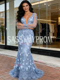 V Neck Trumpet Mermaid Flowers Blue Long Sleeve Prom Dress