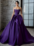 Satin Beading Strapless Grape Purple A Line Bow Prom Dress