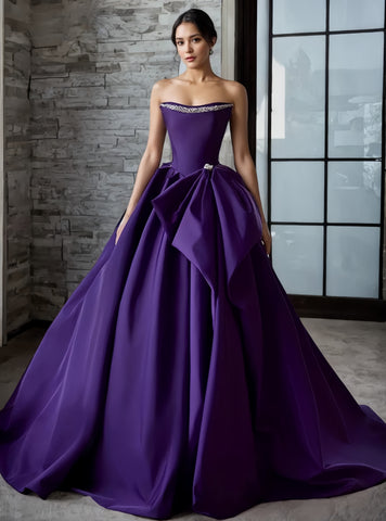 Satin Beading Strapless Grape Purple A Line Bow Prom Dress