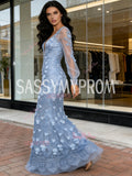 V Neck Trumpet Mermaid Flowers Blue Long Sleeve Prom Dress