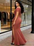 Pink Off Shoulder Ruffle Formal Evening Long Dress