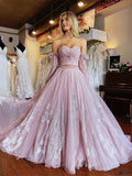 Floral Lace Two Piece Light Purple Long Sleeve Prom Dress