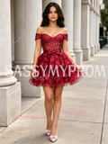 Burgundy Off The Shoulder Layers A Line Tulle Homecoming Dress