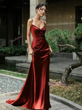 Burgundy Spaghetti Straps Satin Sheath Column Prom Dress