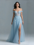 Off The Shoulder Appliques Blue Tulle Prom Dress With Slit