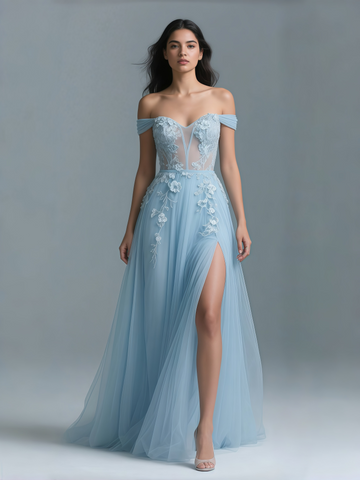 Off The Shoulder Appliques Blue Tulle Prom Dress With Slit