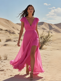 Cap Sleeve A Line Hot Pink Chiffon Prom Dress With Slit