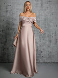 Brown Satin A Line Ruched Off The Shoulder Prom Dress