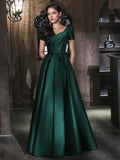 Floor Length Satin Green Short Sleeve Prom Dress