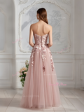 A Line Pink Tulle Flower Sweetheart Appliques Prom Dress