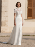 A Line Lace Short Sleeve High Neck Wedding Dress