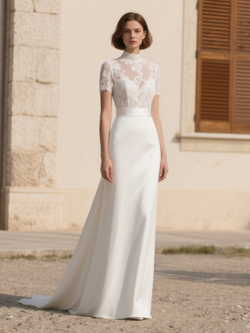 A Line Lace Short Sleeve High Neck Wedding Dress