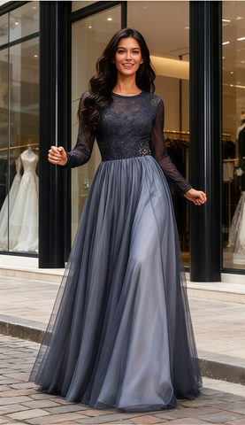A Line Long Sleeve Simple Gray Tulle Prom Dress