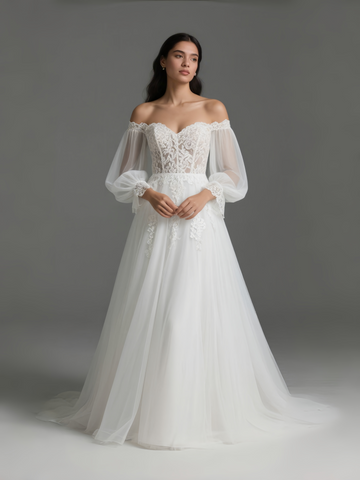Long Sleeve Tulle White Off The Shoulder Wedding Dress
