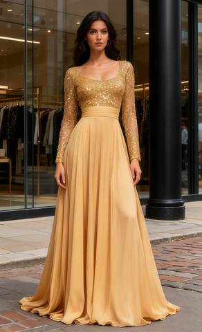 Beading Boat Neck Long Sleeve Gold Sequin Chiffon Prom Dress