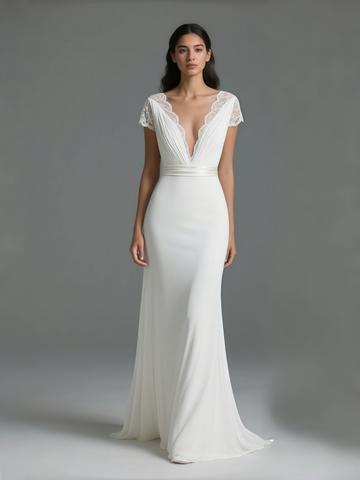 Lace Chiffon Sheath Column Cap Sleeve Wedding Dress