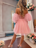 Pink Tulle Sparkle Short Mini Off The Shoulder Homecoming Dress