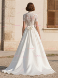 A Line Lace Short Sleeve High Neck Wedding Dress