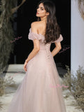 Tulle Off The Shoulder Light Pink  Beading Prom Dress