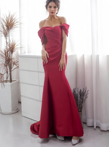 Red Off The Shoulder Ruched Satin Sheath Column Prom Dress