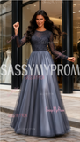 A Line Long Sleeve Simple Gray Tulle Prom Dress