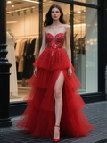 Beading Layers Tulle A Line Red Sweetheart Prom Dress With Slit