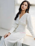 V Neck A Line White Long Sleeve Wedding Dress With Slit