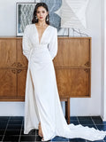 V Neck A Line White Long Sleeve Wedding Dress With Slit