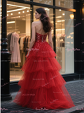 Beading Layers Tulle A Line Red Sweetheart Prom Dress With Slit