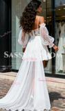 Tulle Long Sleeves High Low Spaghetti Straps Wedding Dress