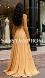 Beading Boat Neck Long Sleeve Gold Sequin Chiffon Prom Dress