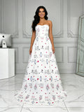 Sweetheart A Line Print White Tulle Prom Dress