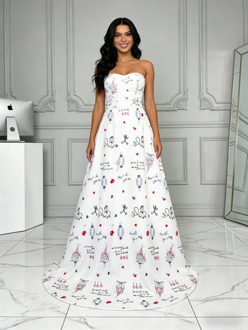 Sweetheart A Line Print White Tulle Prom Dress
