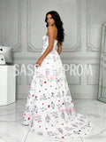 Sweetheart A Line Print White Tulle Prom Dress