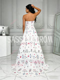 Sweetheart A Line Print White Tulle Prom Dress