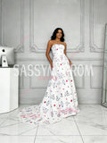 Sweetheart A Line Print White Tulle Prom Dress