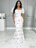Puffy Sleeve Square Trumpet Mermaid Tulle Print Prom Dress