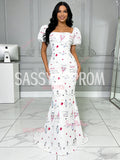 Puffy Sleeve Square Trumpet Mermaid Tulle Print Prom Dress