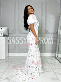 Puffy Sleeve Square Trumpet Mermaid Tulle Print Prom Dress