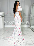 Puffy Sleeve Square Trumpet Mermaid Tulle Print Prom Dress