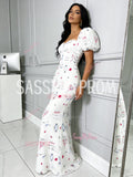 Puffy Sleeve Square Trumpet Mermaid Tulle Print Prom Dress