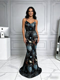 Print Trumpet Mermaid Star Night Tulle Backless Prom Dress
