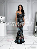 Print Trumpet Mermaid Star Night Tulle Backless Prom Dress