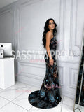 Print Trumpet Mermaid Star Night Tulle Backless Prom Dress
