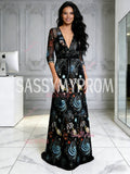 V Neck Half Sleeve Black Print A Line Prom Dress