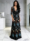 V Neck Half Sleeve Black Print A Line Prom Dress