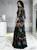 V Neck Half Sleeve Black Print A Line Prom Dress